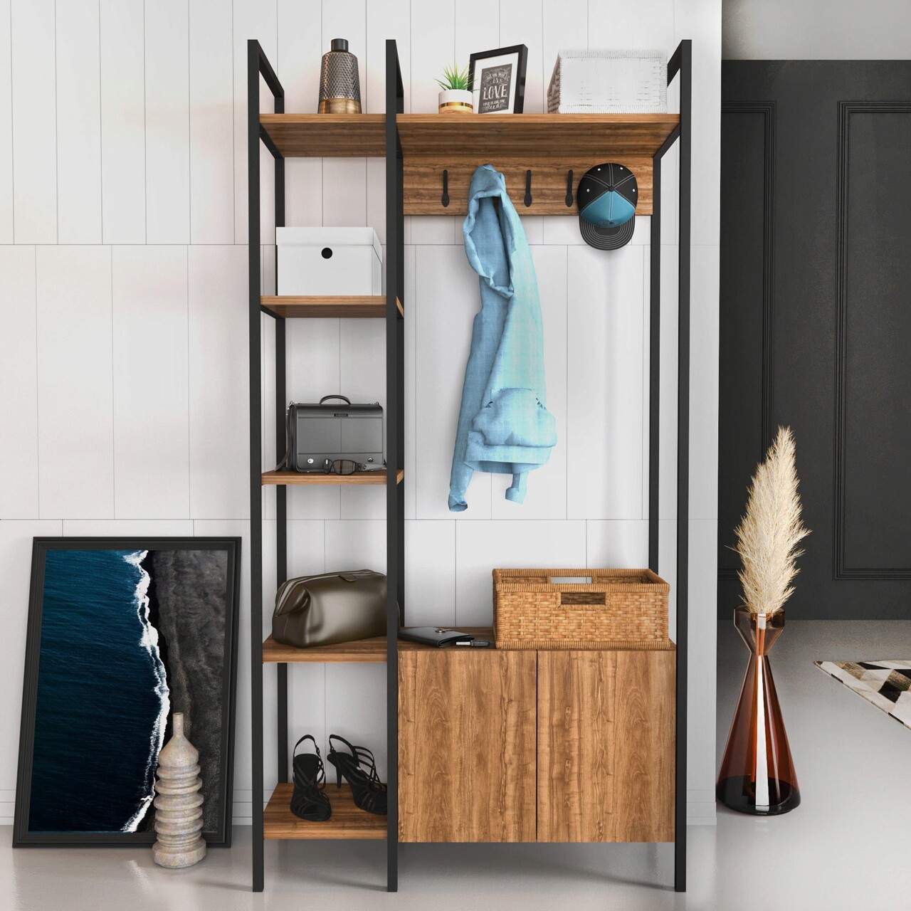 Cuier de perete, Hanah Home, Doga, 90x35x175 cm, Nuc / Negru - imagine 6
